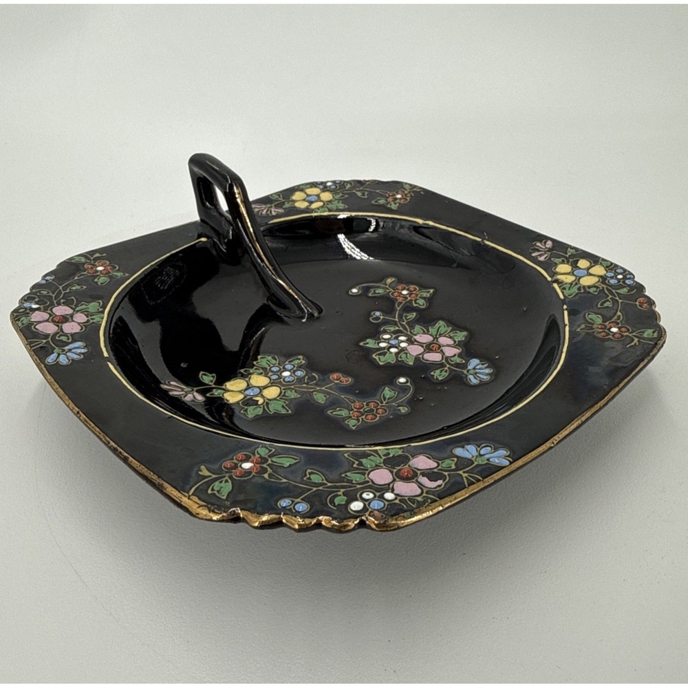 Vtg Japan Nappy Nut/Candy/Trinket Dish w/ Handle-Black w/ Moriage Floral‎ & Gold